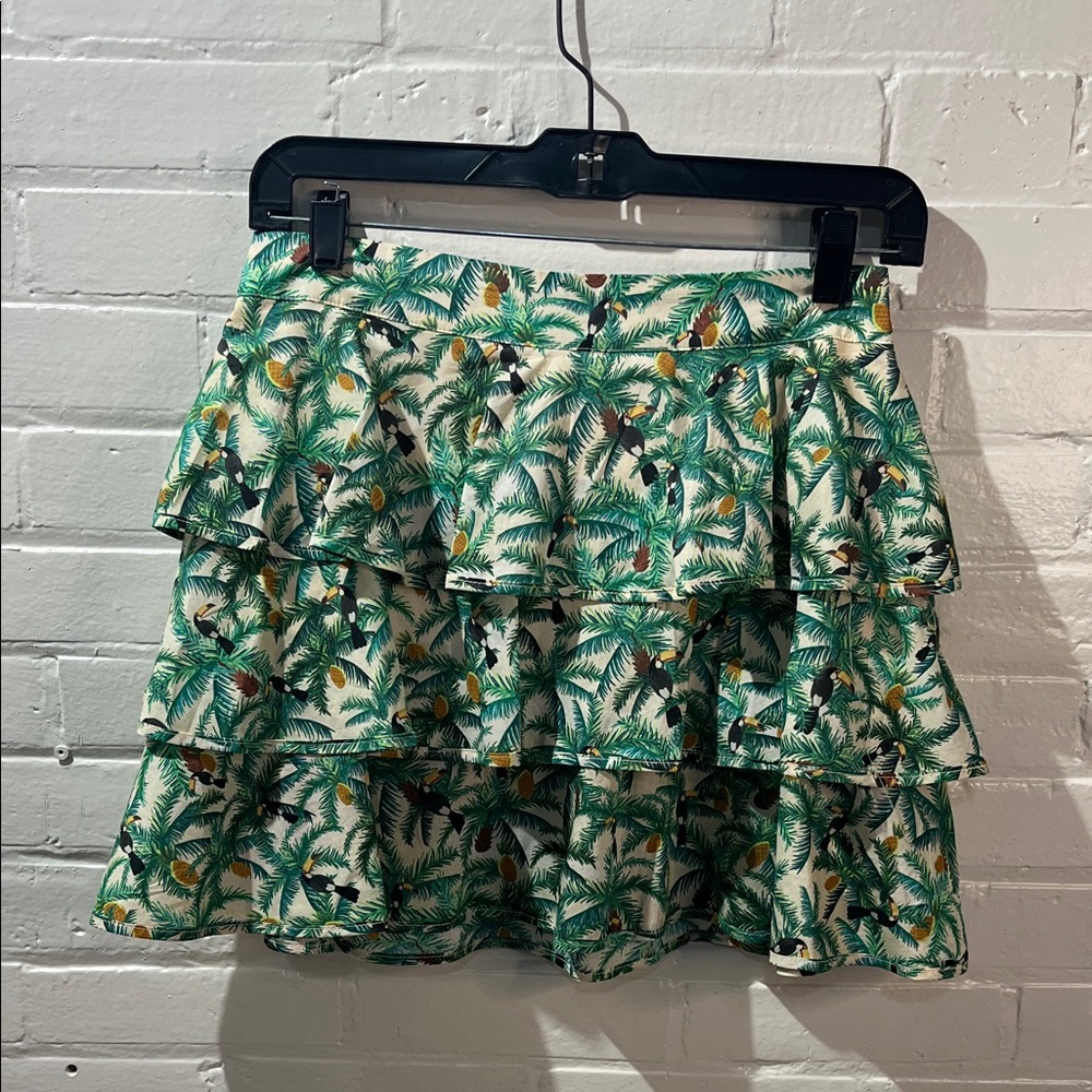 FARM Rio Green Tropical Tiered Ruffle Mini Skirt